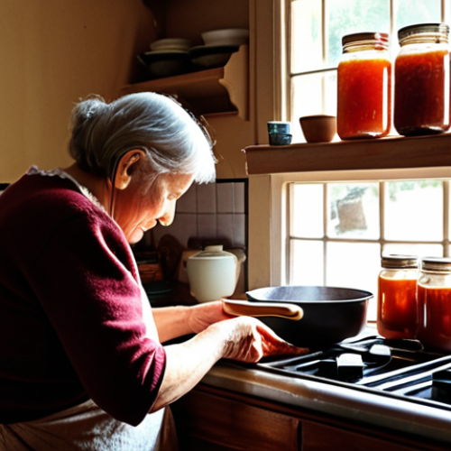 Home 19 **Image Prompt:** A cozy, slightly cluttered kitchen with sunlight streaming through the window. An older woman (grandmother type) is stirring a pot on the stove, steam rising up. Jars of homemade jam line the shelves, labeled in Cyrillic. The atmosphere is warm and nostalgic, evoking feelings of childhood and home cooking. Focus on the details of the kitchen utensils and ingredients.