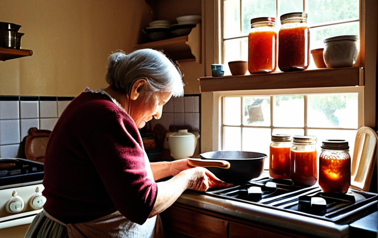 **Image Prompt:** A cozy, slightly cluttered kitchen with sunlight streaming through the window. An older woman (grandmother type) is stirring a pot on the stove, steam rising up. Jars of homemade jam line the shelves, labeled in Cyrillic. The atmosphere is warm and nostalgic, evoking feelings of childhood and home cooking. Focus on the details of the kitchen utensils and ingredients.
