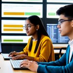 A diverse group of university students, both male and female, of various ethnicities, in a modern, sunlit digital learning hub. They are professionally dressed in modest, contemporary academic attire, fully clothed. Some are collaborating on interactive holographic screens displaying complex data and code, while others are engaged in focused individual study on sleek laptops. The background features bookshelves filled with classic and modern texts, symbolizing the blend of tradition and innovation. The atmosphere is one of intellectual curiosity and collaborative learning, emphasizing global access to knowledge and skill-based achievement. safe for work, appropriate content, family-friendly, perfect anatomy, correct proportions, natural pose, well-formed hands, proper finger count, natural body proportions, professional photography, high quality.
