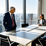 A diverse group of business professionals of various ages and ethnicities, dressed in elegant, modest business suits and professional attire, engaged in a collaborative discussion around a modern conference table in a sunlit, minimalist office. The background shows large windows overlooking a city skyline, with a subtle, stylized "Harmony" (Hé) symbol integrated into the room's decor, or a small, well-tended indoor plant to represent natural balance. Professional photography, high resolution, realistic, natural lighting, perfect anatomy, correct proportions, well-formed hands, proper finger count, natural body proportions, fully clothed, modest clothing, appropriate attire, professional dress, safe for work, appropriate content, professional.
