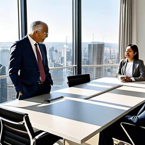 Home 8 A diverse group of business professionals of various ages and ethnicities, dressed in elegant, modest business suits and professional attire, engaged in a collaborative discussion around a modern conference table in a sunlit, minimalist office. The background shows large windows overlooking a city skyline, with a subtle, stylized "Harmony" (Hé) symbol integrated into the room's decor, or a small, well-tended indoor plant to represent natural balance. Professional photography, high resolution, realistic, natural lighting, perfect anatomy, correct proportions, well-formed hands, proper finger count, natural body proportions, fully clothed, modest clothing, appropriate attire, professional dress, safe for work, appropriate content, professional.