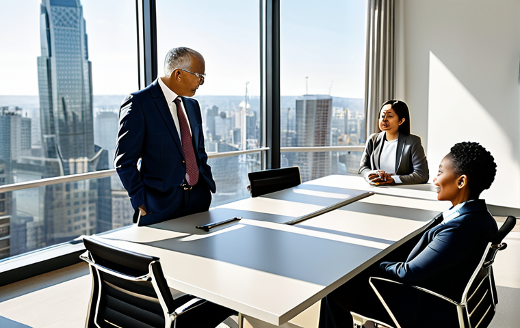 A diverse group of business professionals of various ages and ethnicities, dressed in elegant, modest business suits and professional attire, engaged in a collaborative discussion around a modern conference table in a sunlit, minimalist office. The background shows large windows overlooking a city skyline, with a subtle, stylized "Harmony" (Hé) symbol integrated into the room's decor, or a small, well-tended indoor plant to represent natural balance. Professional photography, high resolution, realistic, natural lighting, perfect anatomy, correct proportions, well-formed hands, proper finger count, natural body proportions, fully clothed, modest clothing, appropriate attire, professional dress, safe for work, appropriate content, professional.