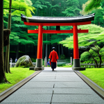 **

"A serene Shinto shrine entrance featuring a vibrant red Torii gate against a backdrop of lush green forest, fully clothed visitors respectfully approaching, safe for work, appropriate content, perfect anatomy, natural proportions, modest attire, professional photography, high quality."

**