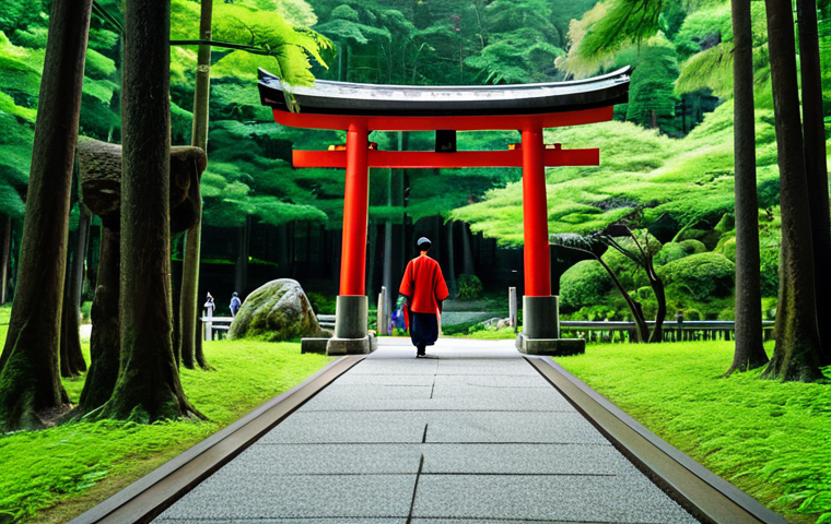 **

"A serene Shinto shrine entrance featuring a vibrant red Torii gate against a backdrop of lush green forest, fully clothed visitors respectfully approaching, safe for work, appropriate content, perfect anatomy, natural proportions, modest attire, professional photography, high quality."

**