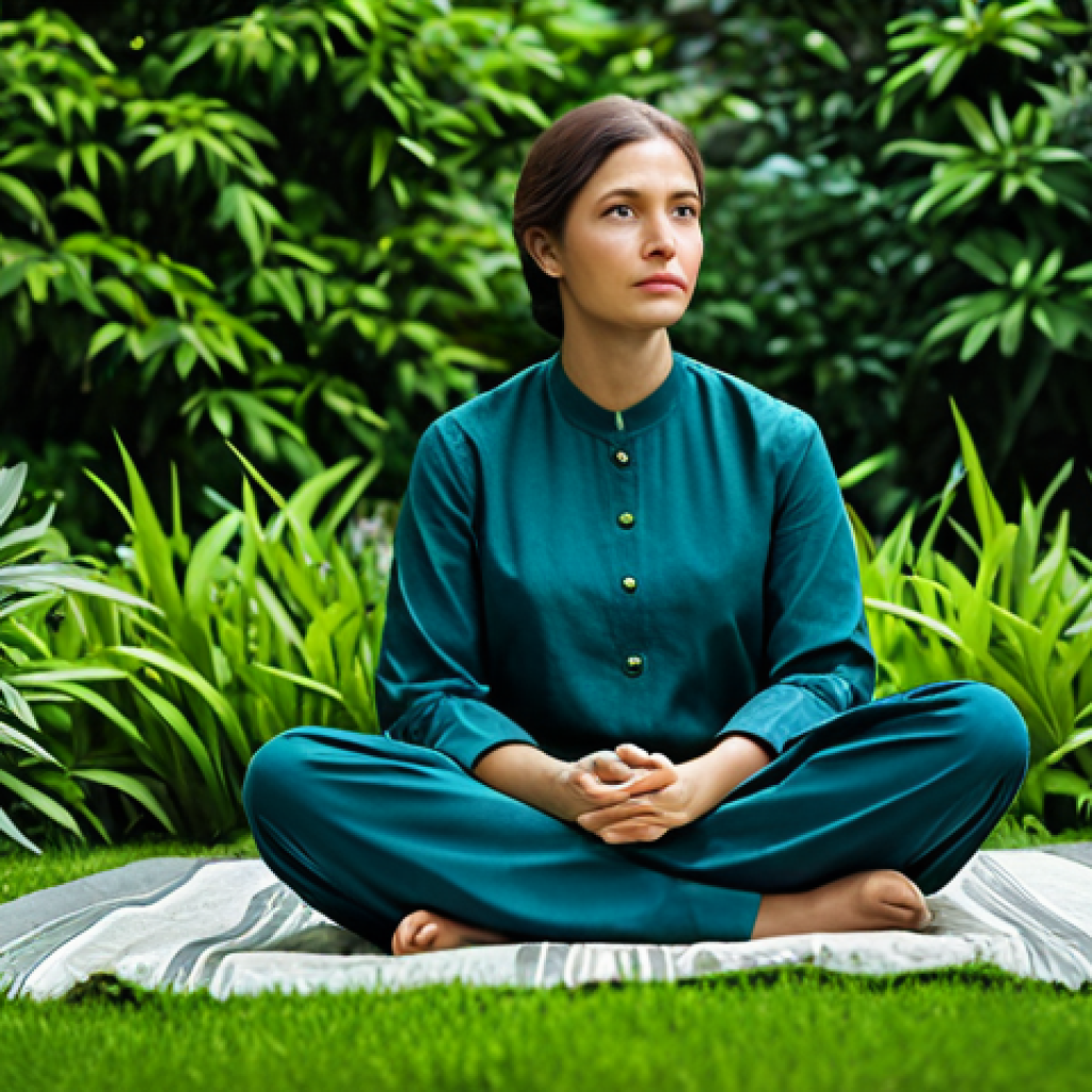 양명학의 철학 - A thoughtful woman in modest, professional attire, sitting calmly in a serene garden, surrounded by ...