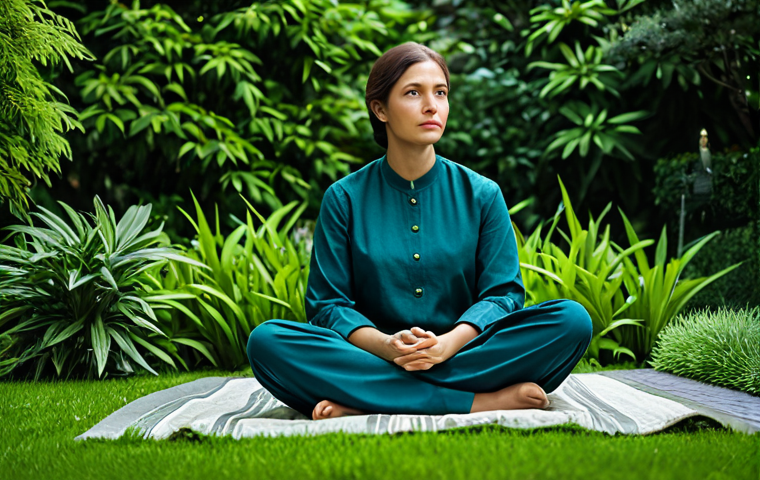 양명학의 철학 - A thoughtful woman in modest, professional attire, sitting calmly in a serene garden, surrounded by ...