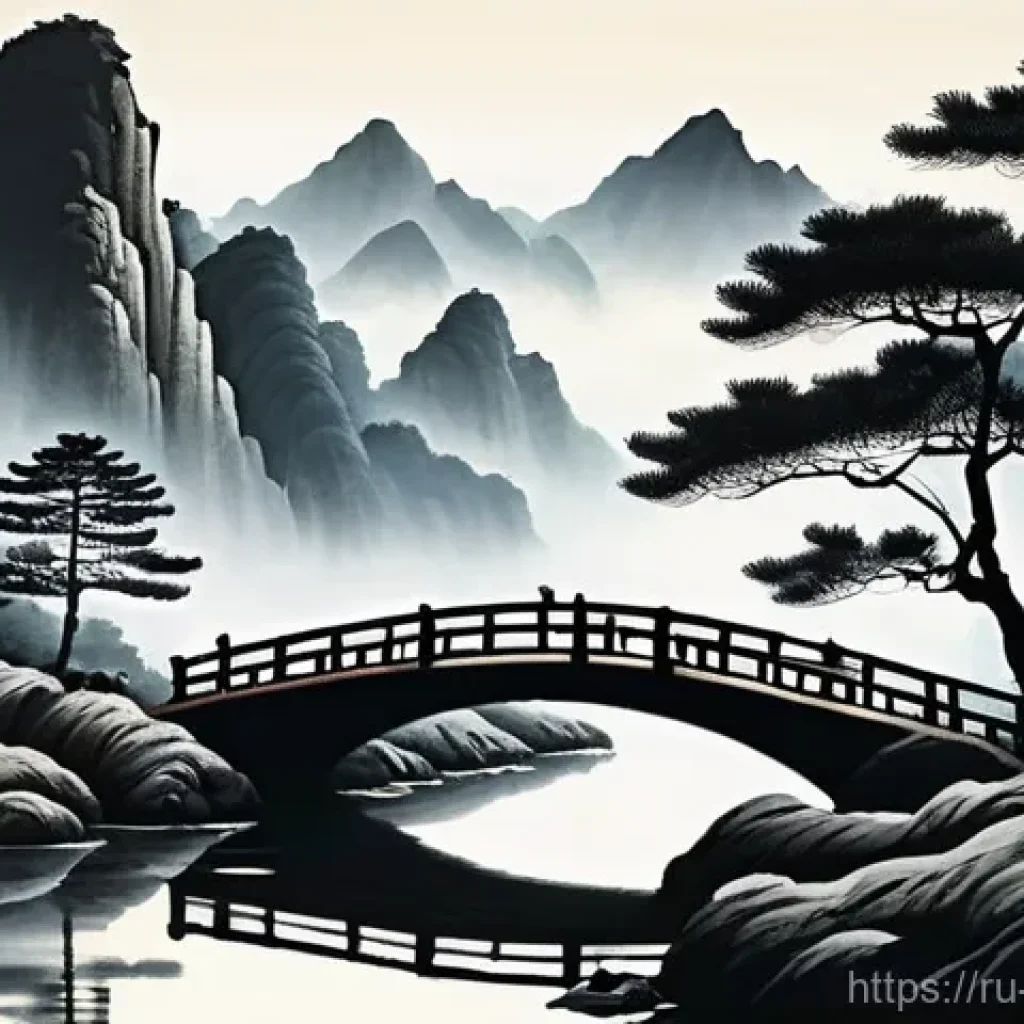 도교의 예술적 표현 - A serene and majestic traditional Chinese Shan Shui landscape painting. The scene features towering,...