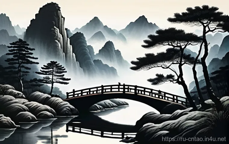 도교의 예술적 표현 - A serene and majestic traditional Chinese Shan Shui landscape painting. The scene features towering,...