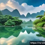 Home 16 도교와 기독교 비교 - A serene natural landscape depicting a Taoist harmony scene: a flowing river winding through lush gr...