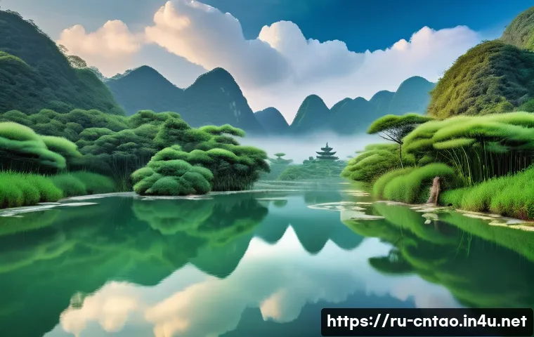 도교와 기독교 비교 - A serene natural landscape depicting a Taoist harmony scene: a flowing river winding through lush gr...