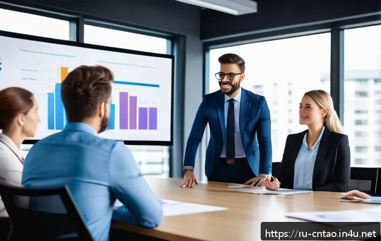 유교적 리더십 - A modern corporate team meeting in a bright, spacious office with diverse professionals engaged in o...