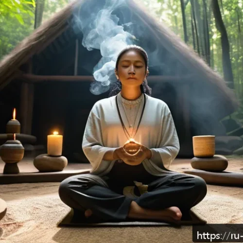 Home 30 도교 의식과 제사 - A serene meditation scene featuring a person wearing simple, modest clothing, seated cross-legged in...