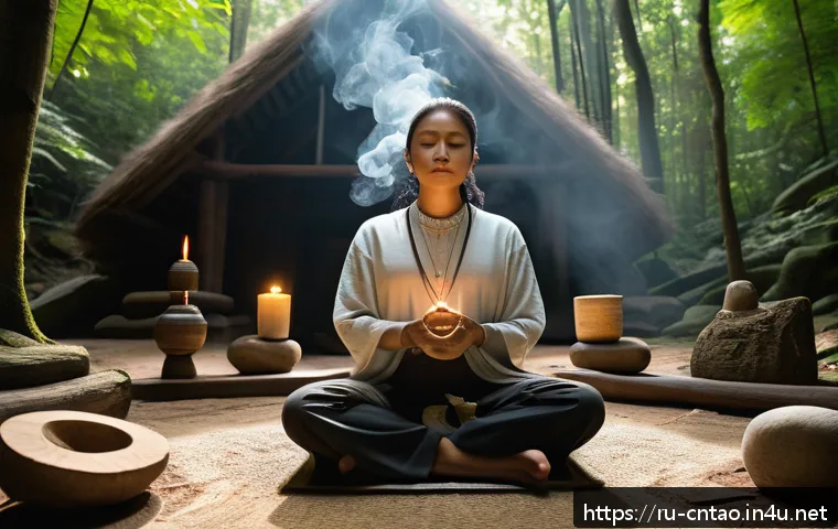 도교 의식과 제사 - A serene meditation scene featuring a person wearing simple, modest clothing, seated cross-legged in...