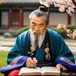 Home 23 공자의 생애 - An ancient Chinese scholar resembling Confucius, dressed in traditional Hanfu robes with intricate e...