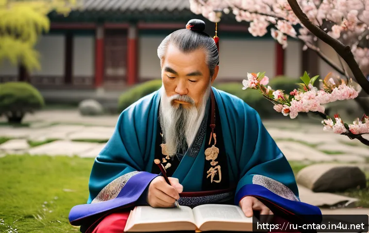 공자의 생애 - An ancient Chinese scholar resembling Confucius, dressed in traditional Hanfu robes with intricate e...
