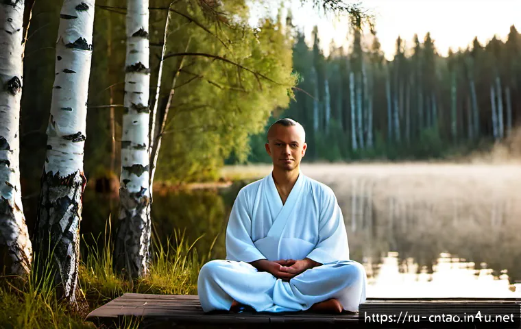 Home 17 도교와 명상 - Photorealistic serene morning scene of a Russian adult practicing Taoist-inspired seated meditation ...