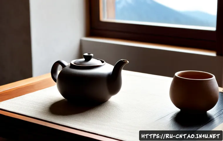 도교와 도자기 - Photorealistic still life of a refined porcelain tea set and hand-thrown ceramic vase arranged on a ...